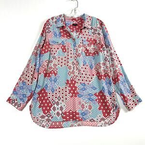 Talbots Roll Tab 1/2 Button Popover Top Blue Red Womens Large